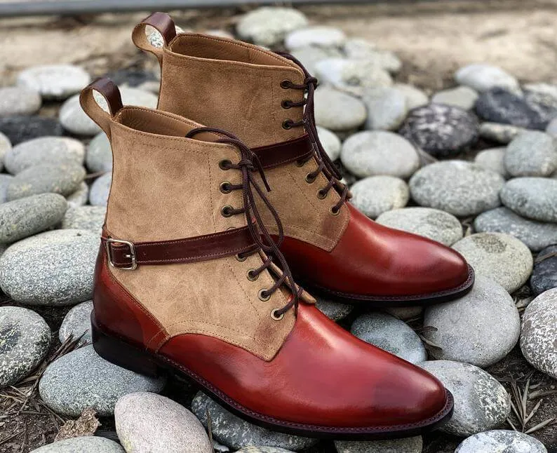 Beautiful Handmade Men's Burgundy Leather beige Suede Ankle High Boots, Men Fashion Boots