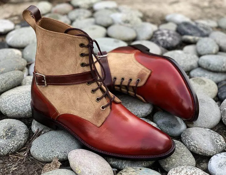 Beautiful Handmade Men's Burgundy Leather beige Suede Ankle High Boots, Men Fashion Boots