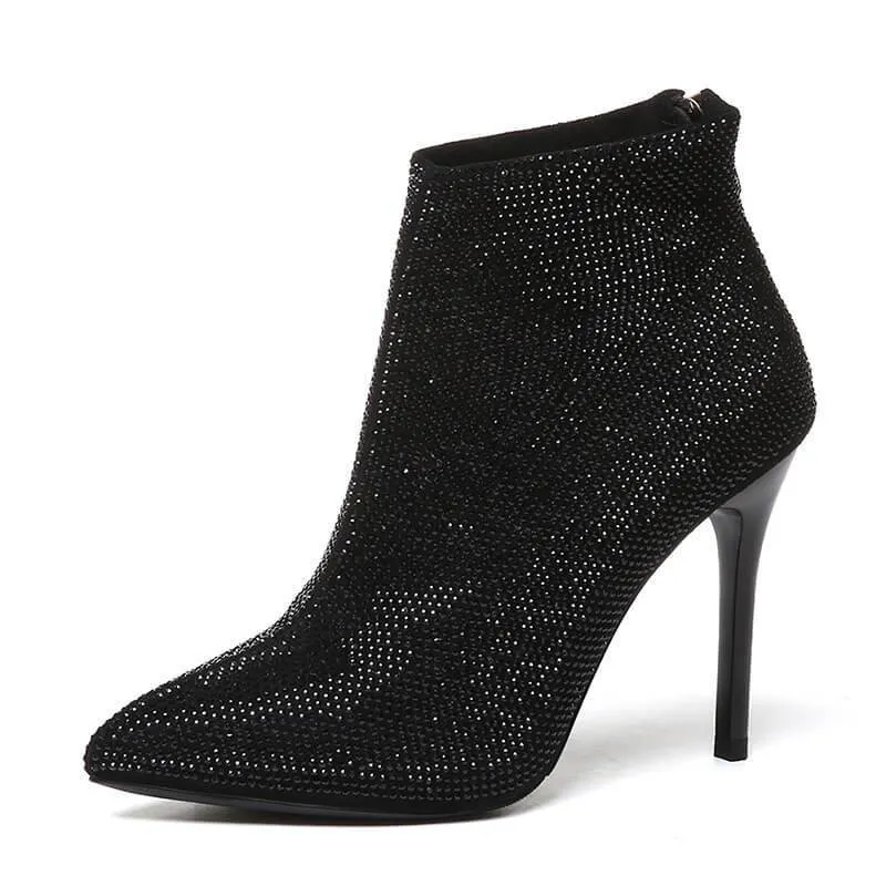 Black Rhinestone High Heel Ankle Boots