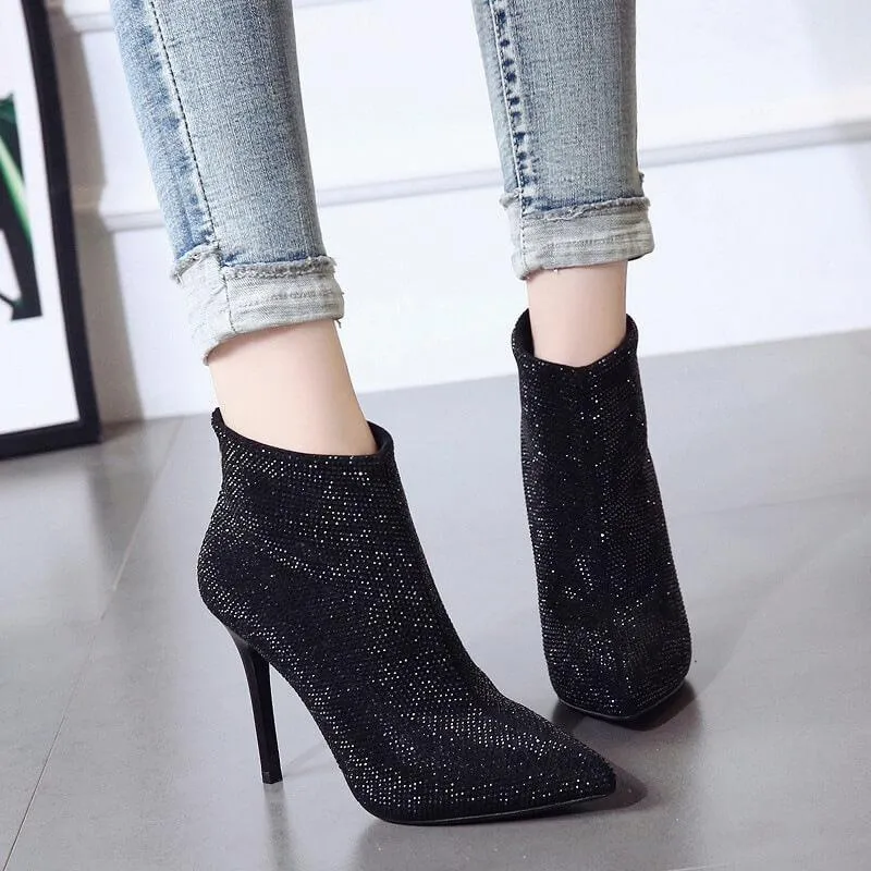 Black Rhinestone High Heel Ankle Boots