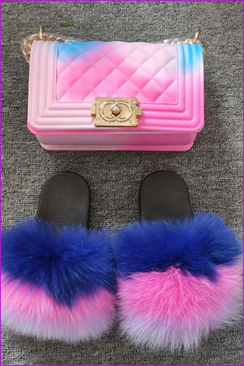 Blue Pink Purple Kids Fluffy Slides & Purse Set #3 F873