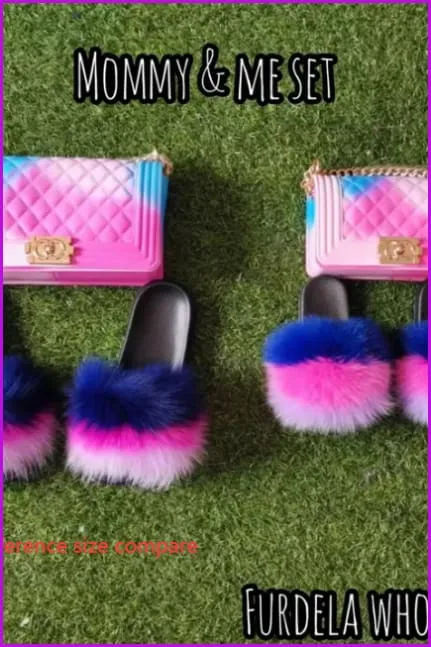 Blue Pink Purple Kids Fluffy Slides & Purse Set #3 F873