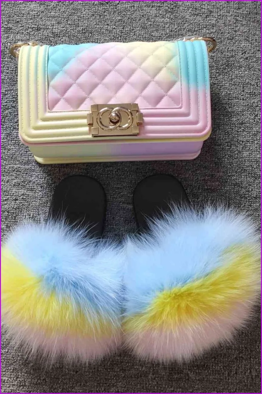 Blue Yellow Pink Kids Fluffy Slides & Purse Set #2 F873