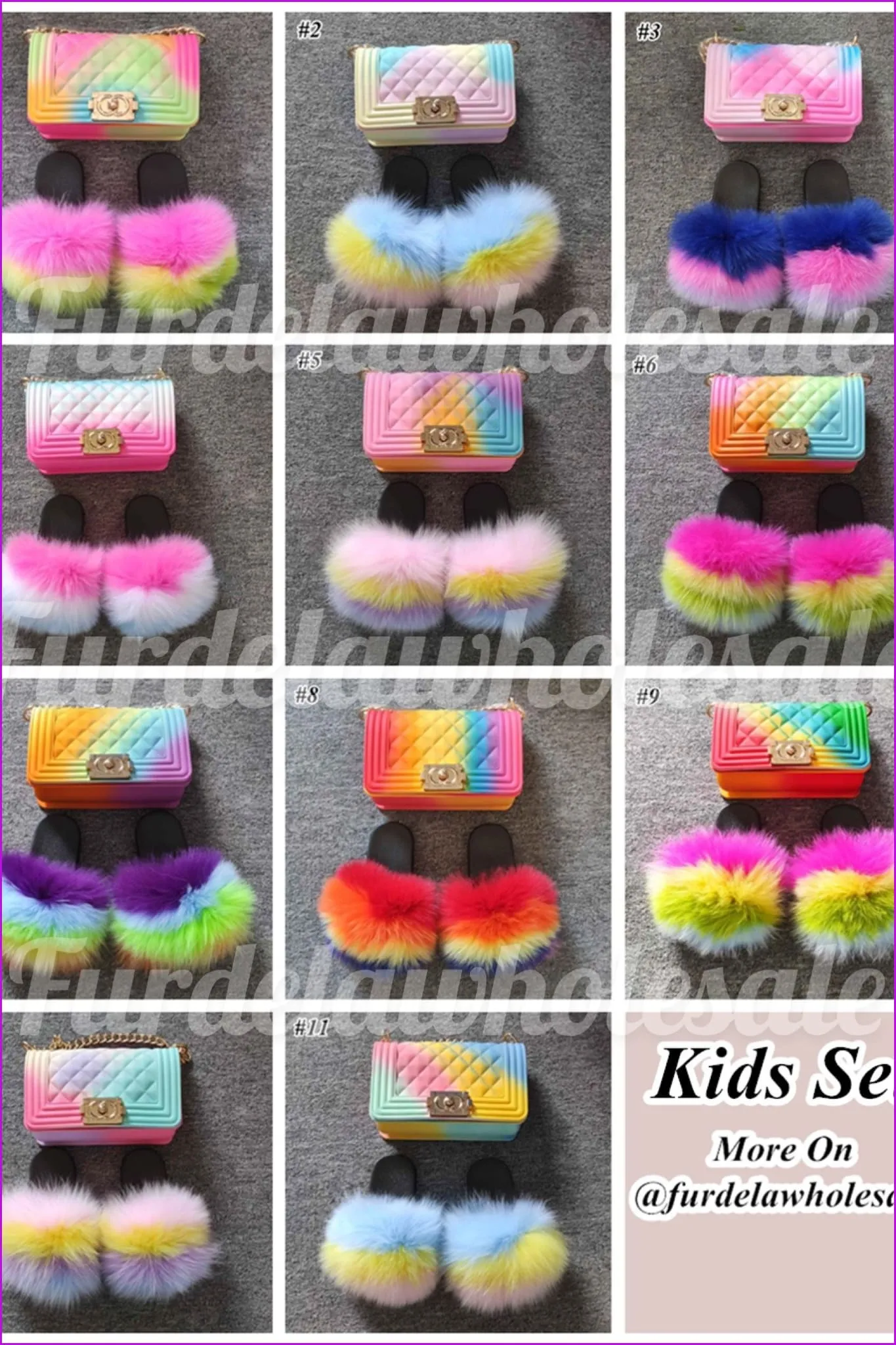 Blue Yellow Pink Kids Fluffy Slides & Purse Set #2 F873