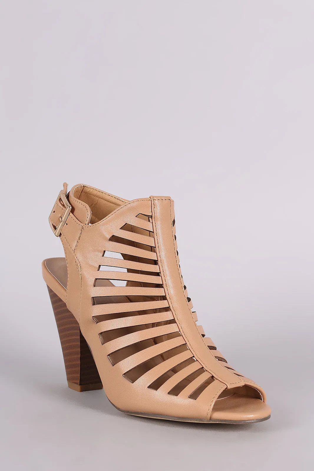 Buckled Caged Cutout Peep Toe Chunky Heel