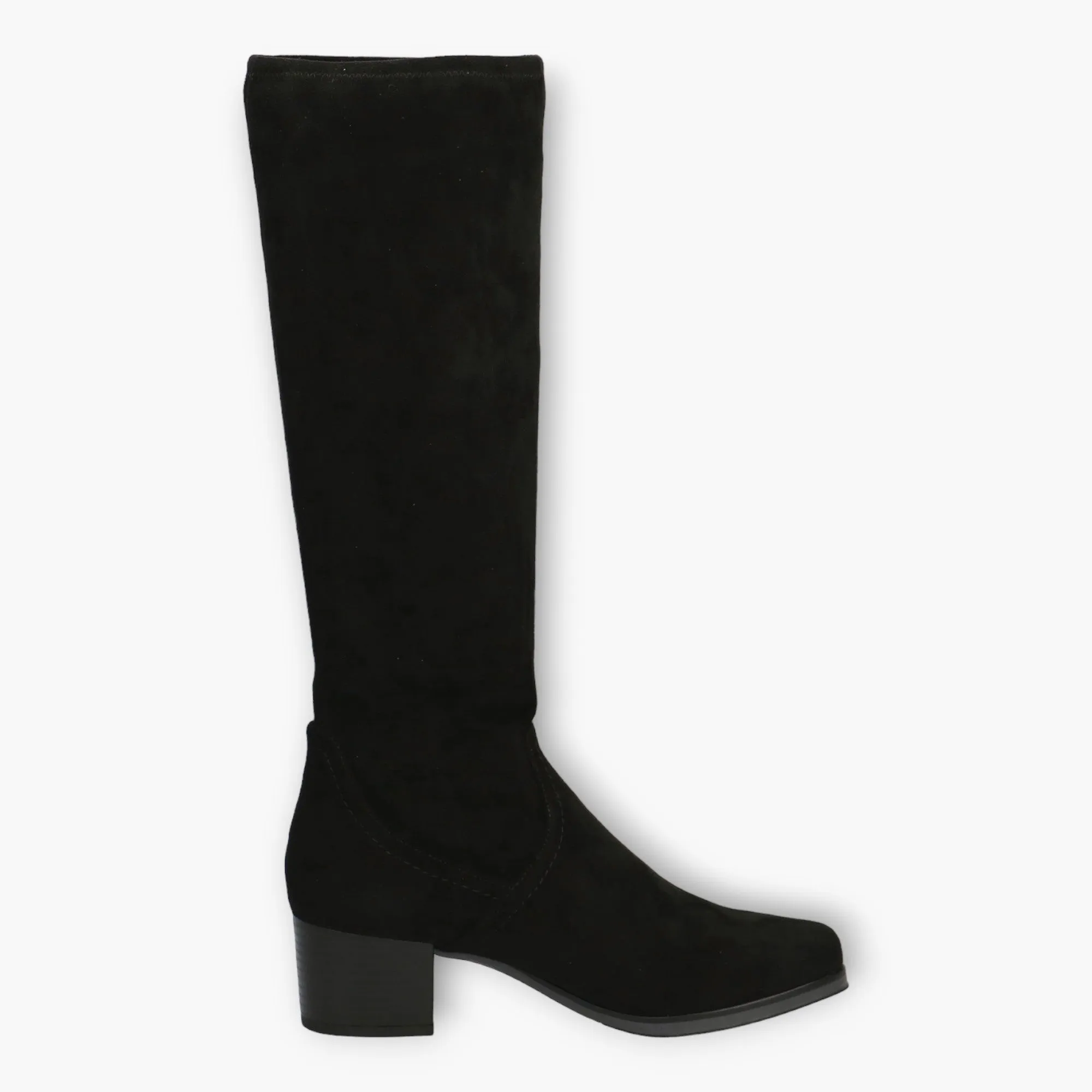 Caprice Black Faux Suede Knee-High Boots - Wide Fit, Stretch & Block Heel