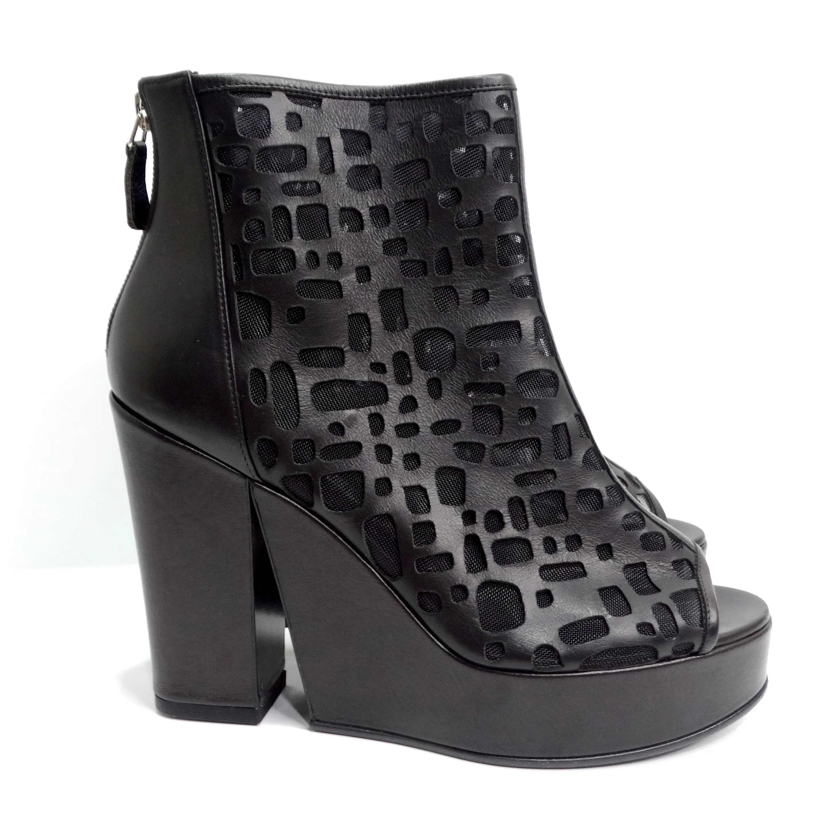 Chanel Black Leather Mesh Cut-Out Peep Toe Platform Ankle Boots