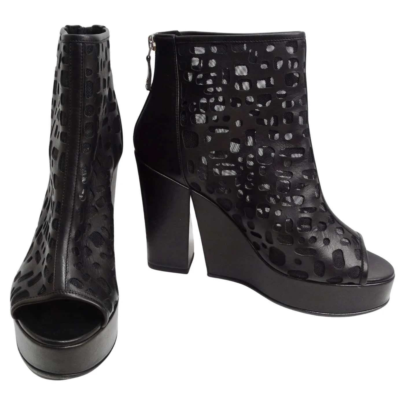 Chanel Black Leather Mesh Cut-Out Peep Toe Platform Ankle Boots