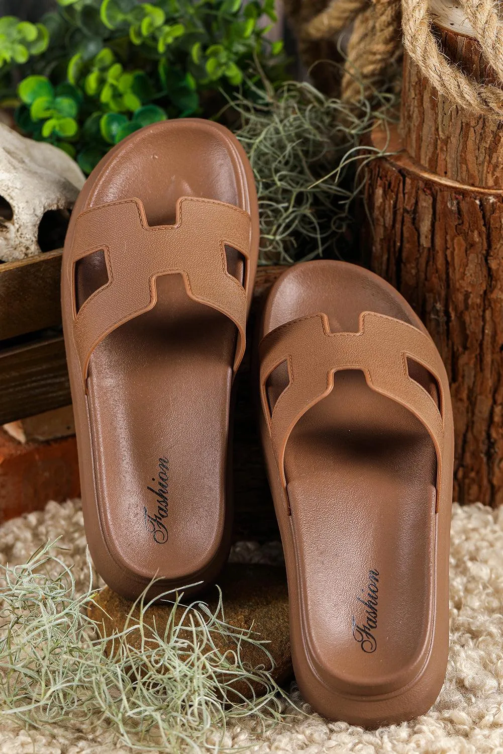 Chestnut Cutout Open Toe Platform Slides Shoes