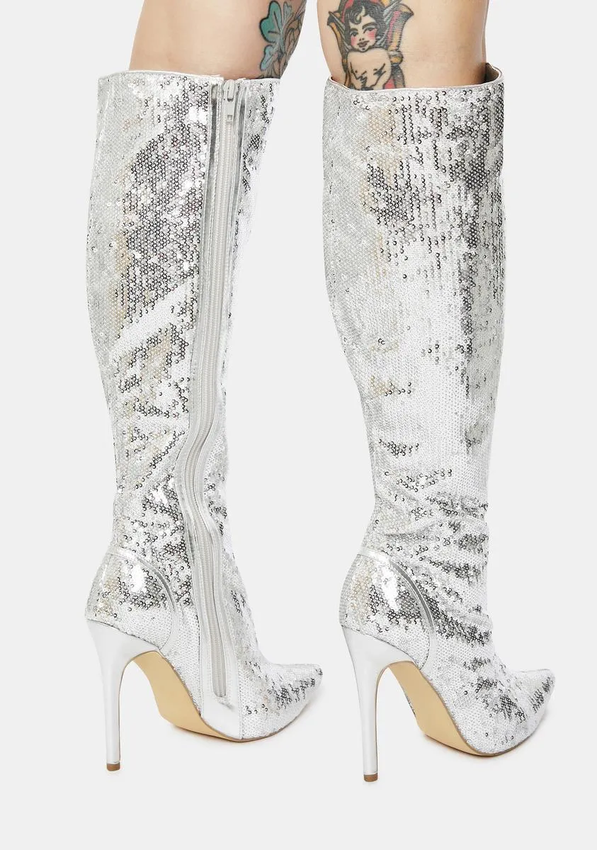 Chrome Red Carpet Walk Sequin Knee High Boots