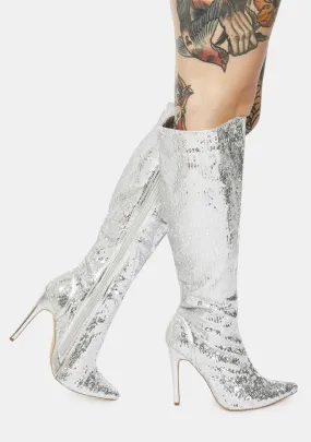 Chrome Red Carpet Walk Sequin Knee High Boots