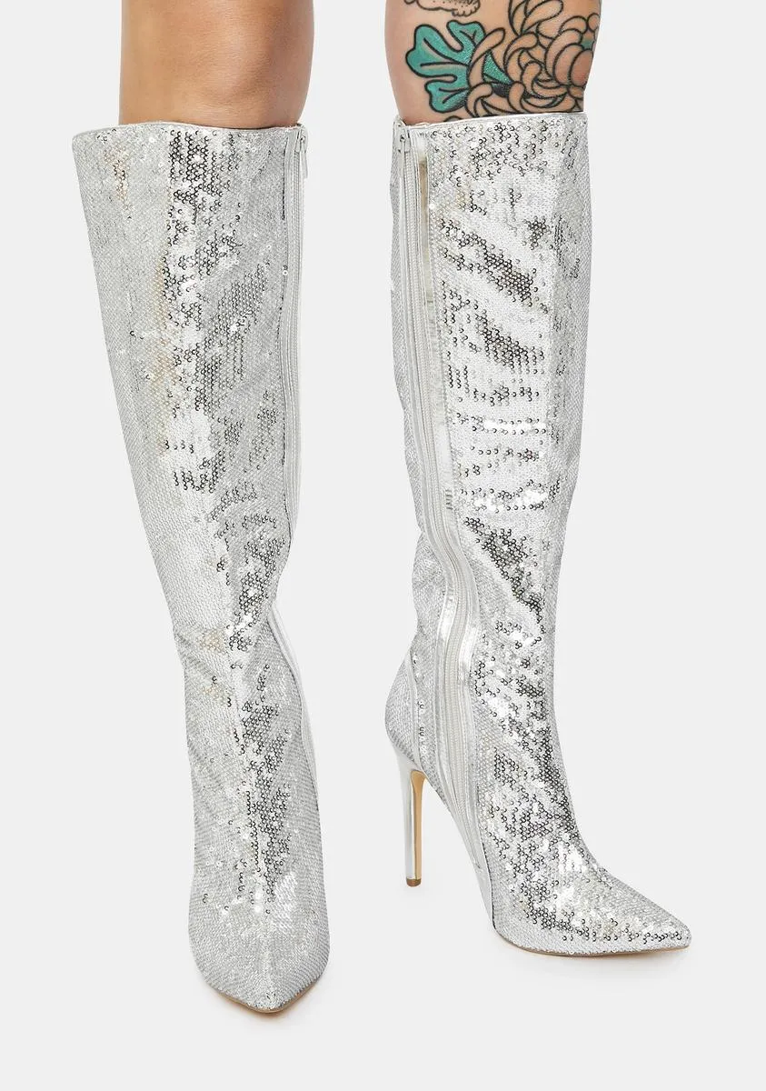 Chrome Red Carpet Walk Sequin Knee High Boots