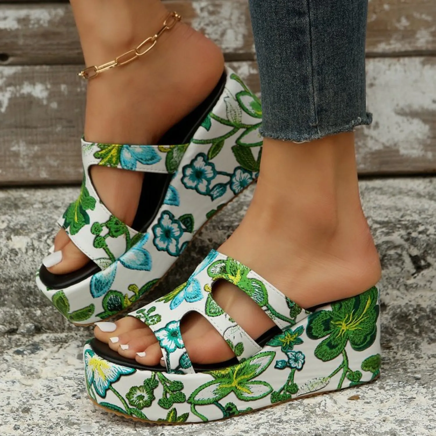 Cutout Floral Peep Toe Wedges Platform Sandals