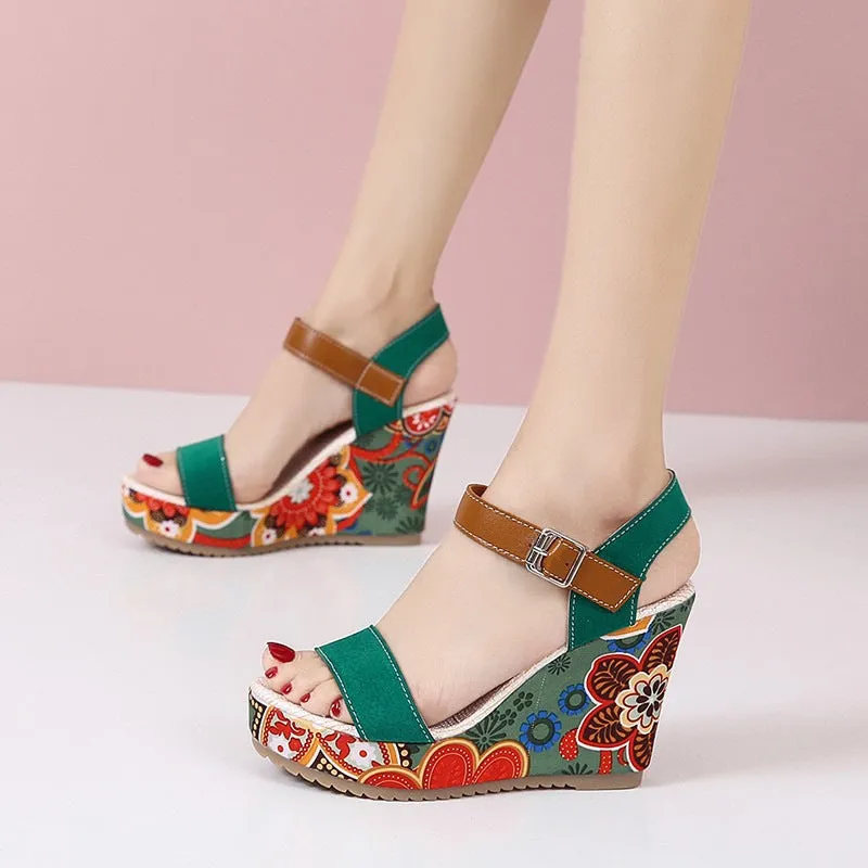 Embroidered Floral Platform High Wedge Sandals