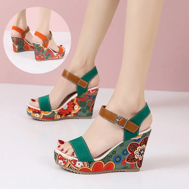 Embroidered Floral Platform High Wedge Sandals