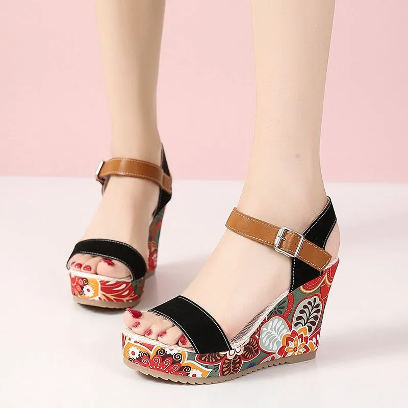 Embroidered Floral Platform High Wedge Sandals