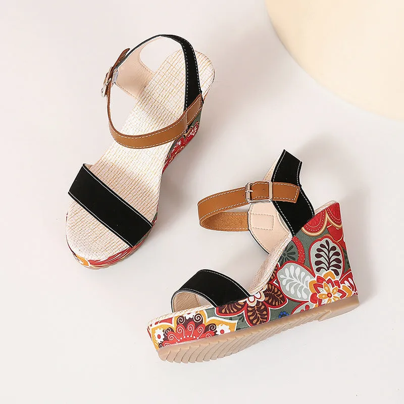 Embroidered Floral Platform High Wedge Sandals