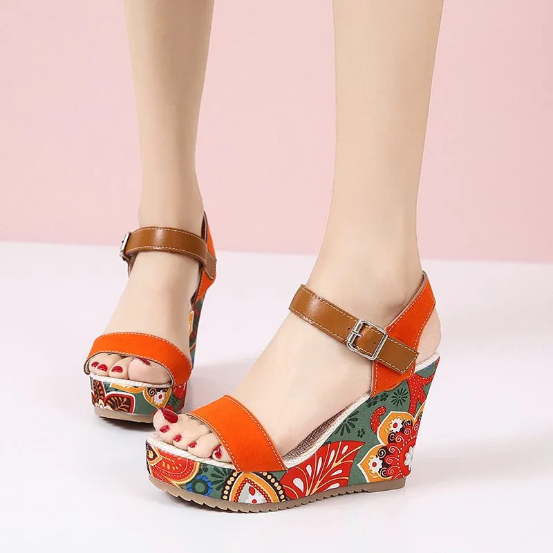 Embroidered Floral Platform High Wedge Sandals