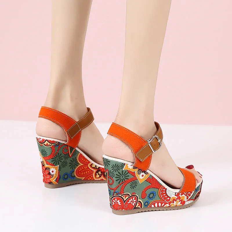 Embroidered Floral Platform High Wedge Sandals