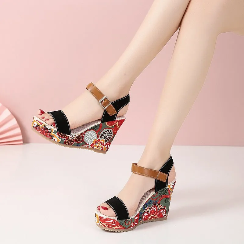 Embroidered Floral Platform High Wedge Sandals