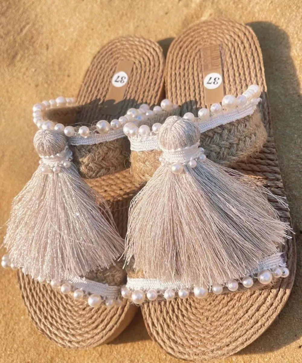 Ethnic Style Tassel Grass Woven Beach Flat Slide Sandals DD1008