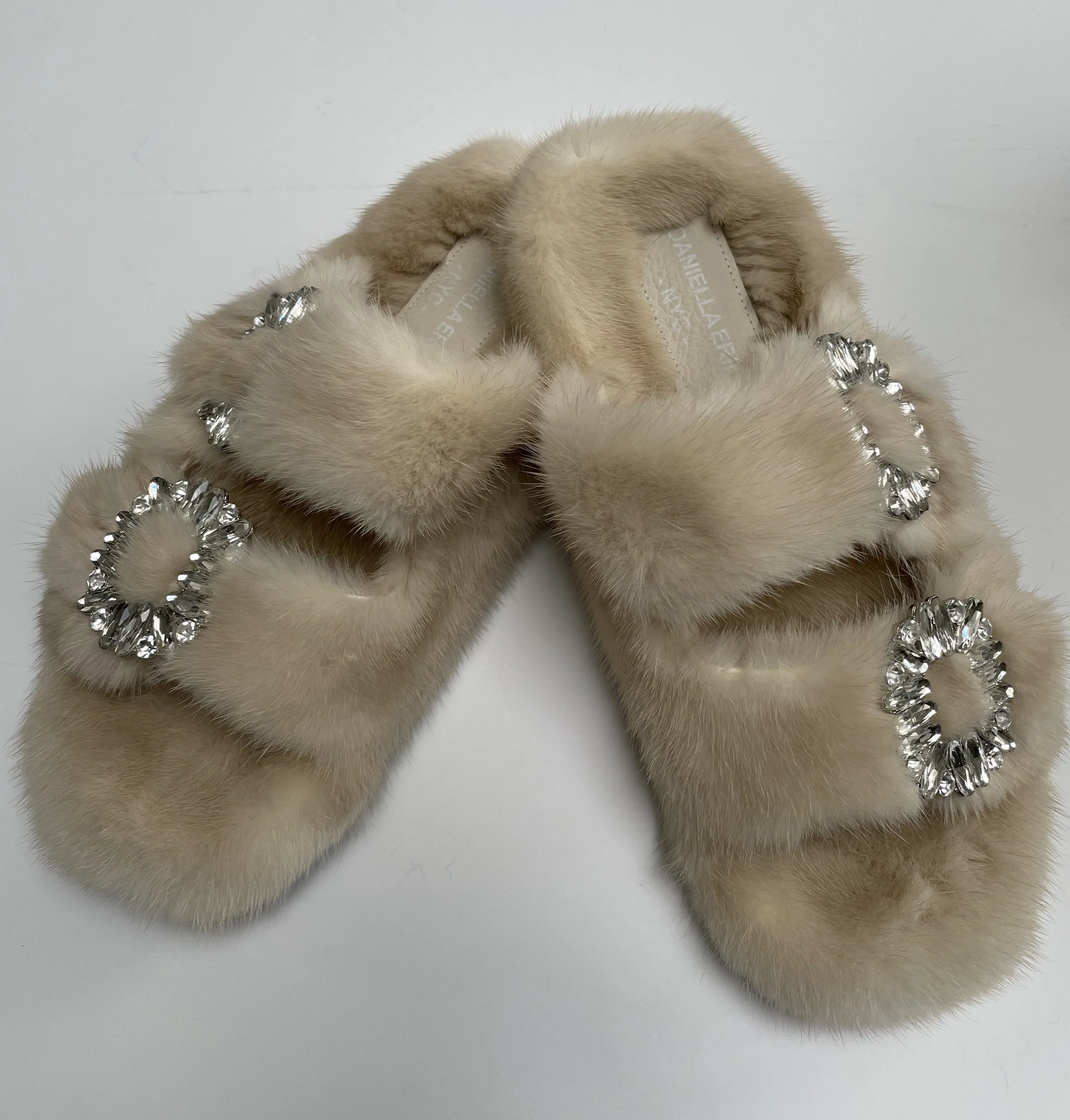 Genuine Mink Slides with Crystal Buckles