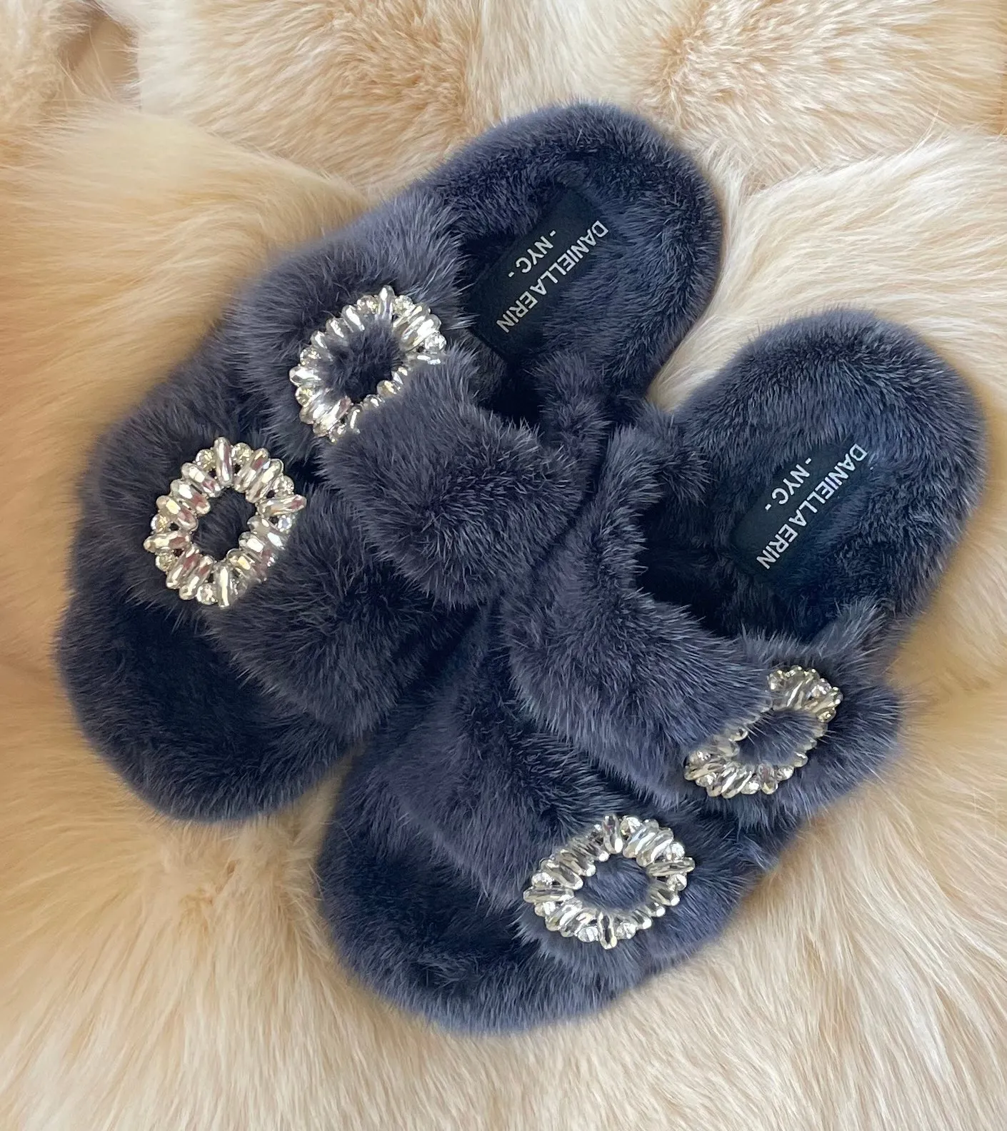 Genuine Mink Slides with Crystal Buckles