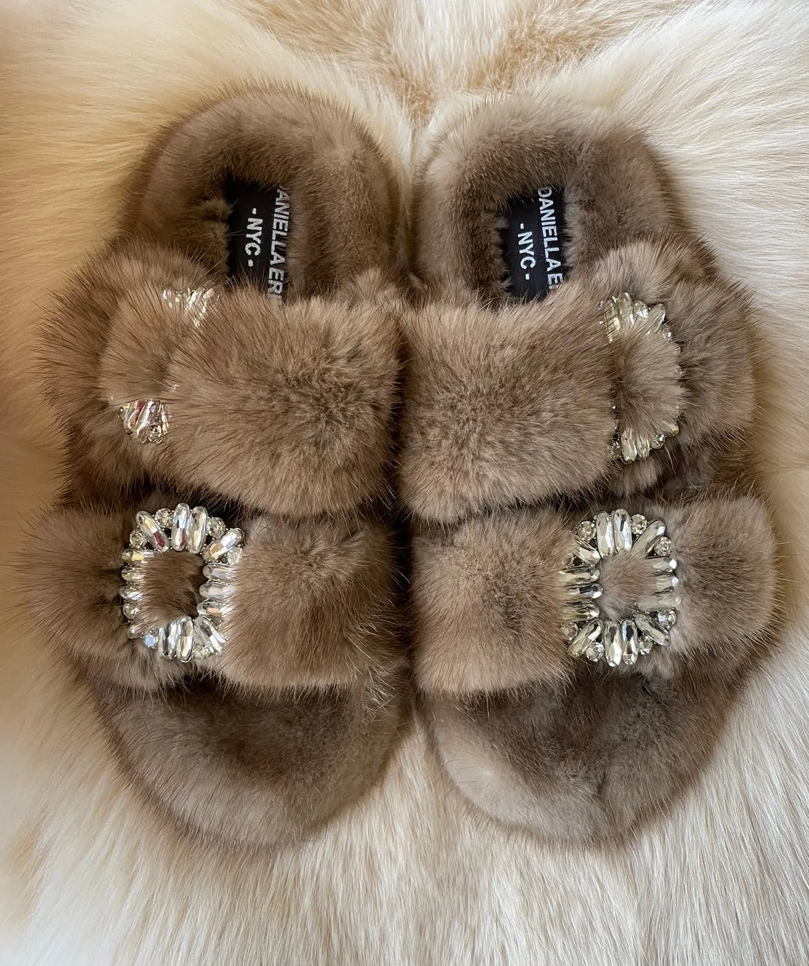 Genuine Mink Slides with Crystal Buckles