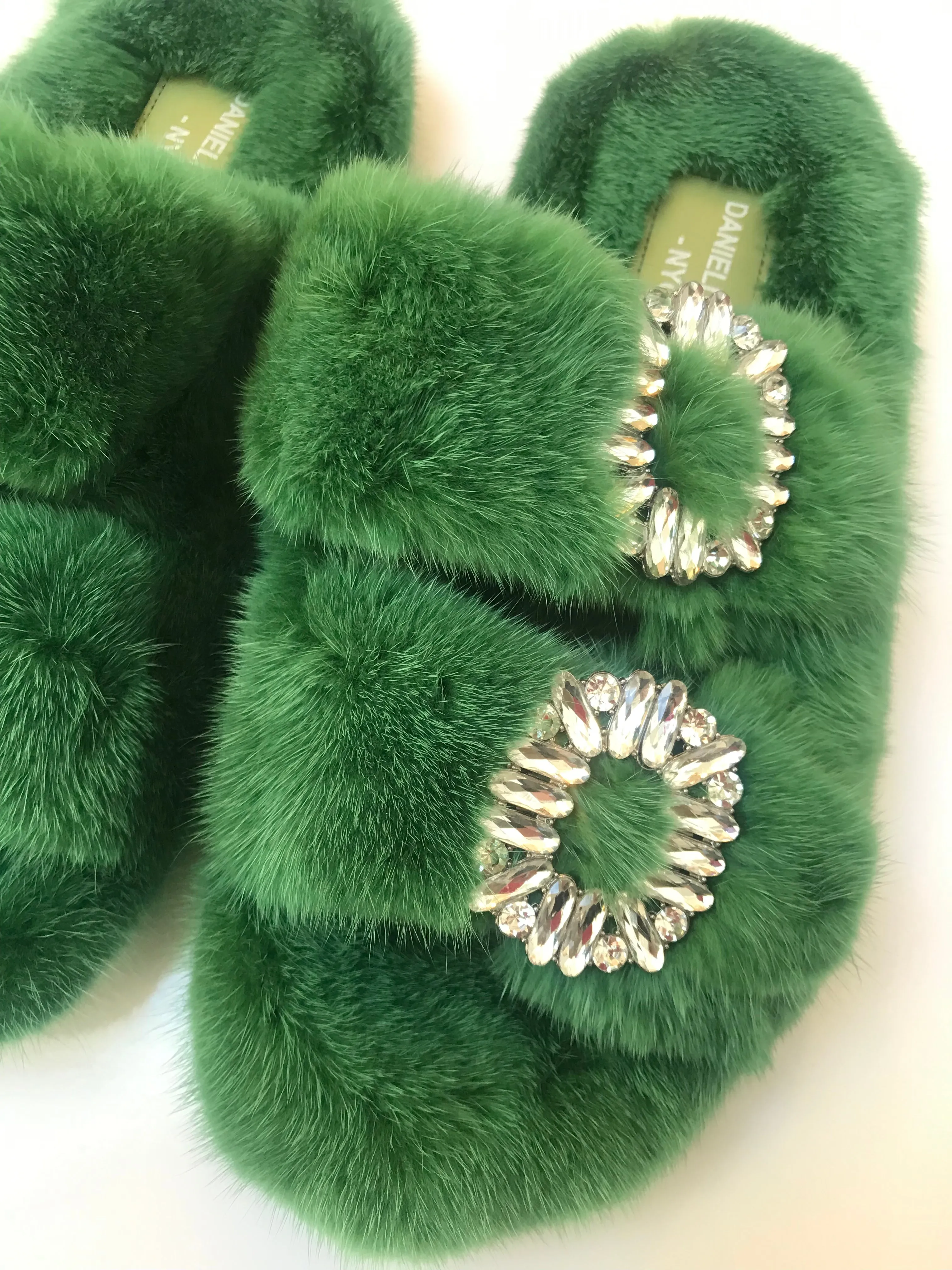 Genuine Mink Slides with Crystal Buckles