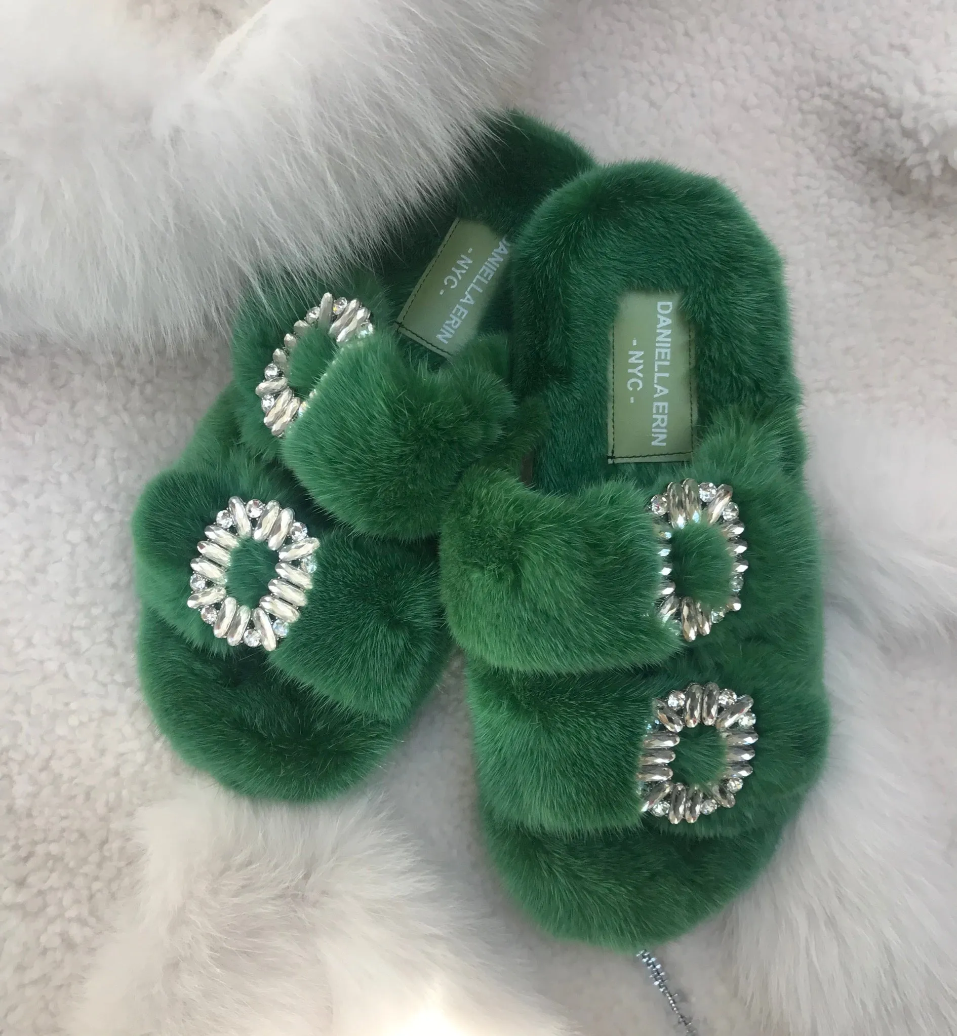 Genuine Mink Slides with Crystal Buckles