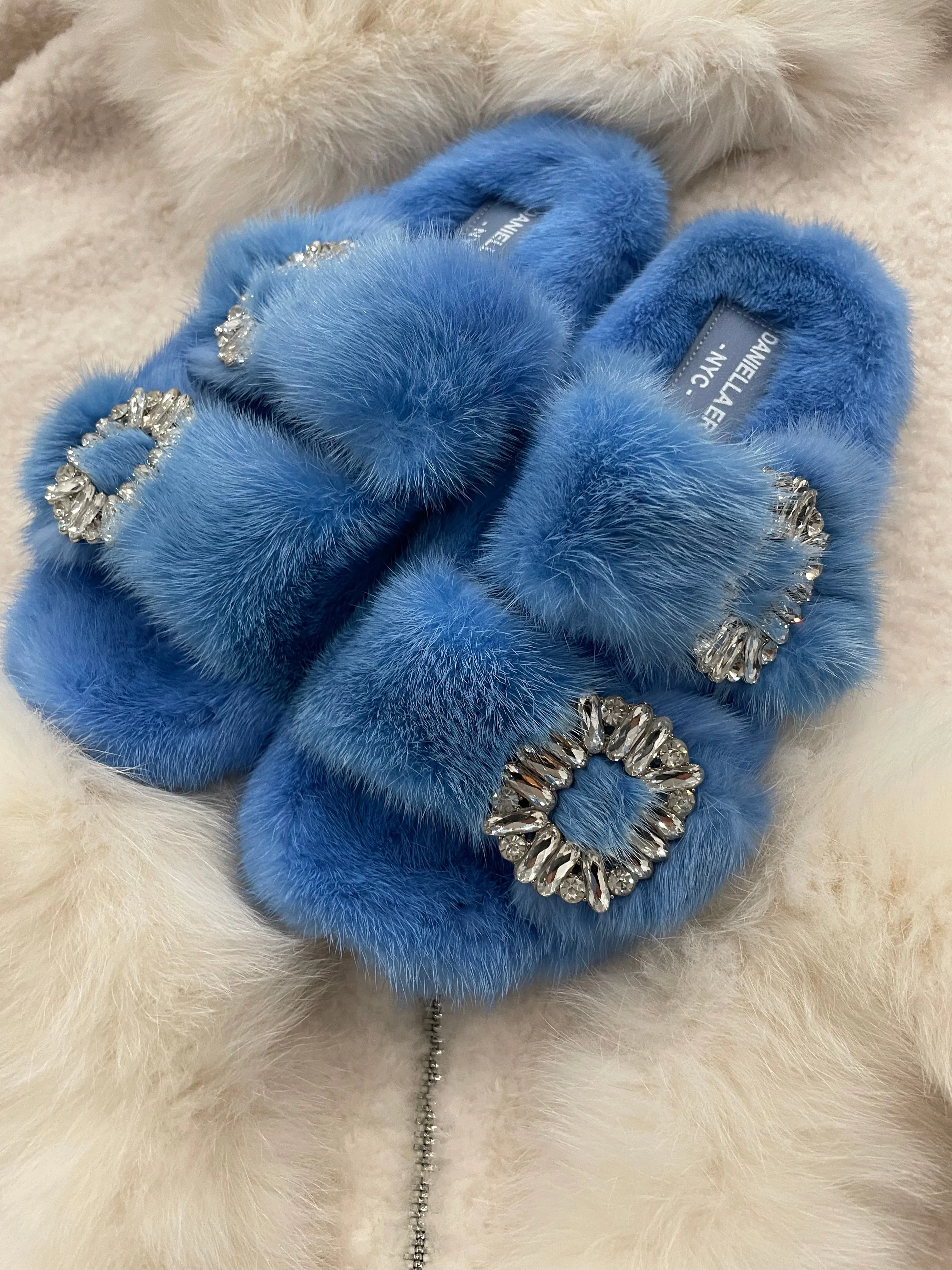 Genuine Mink Slides with Crystal Buckles