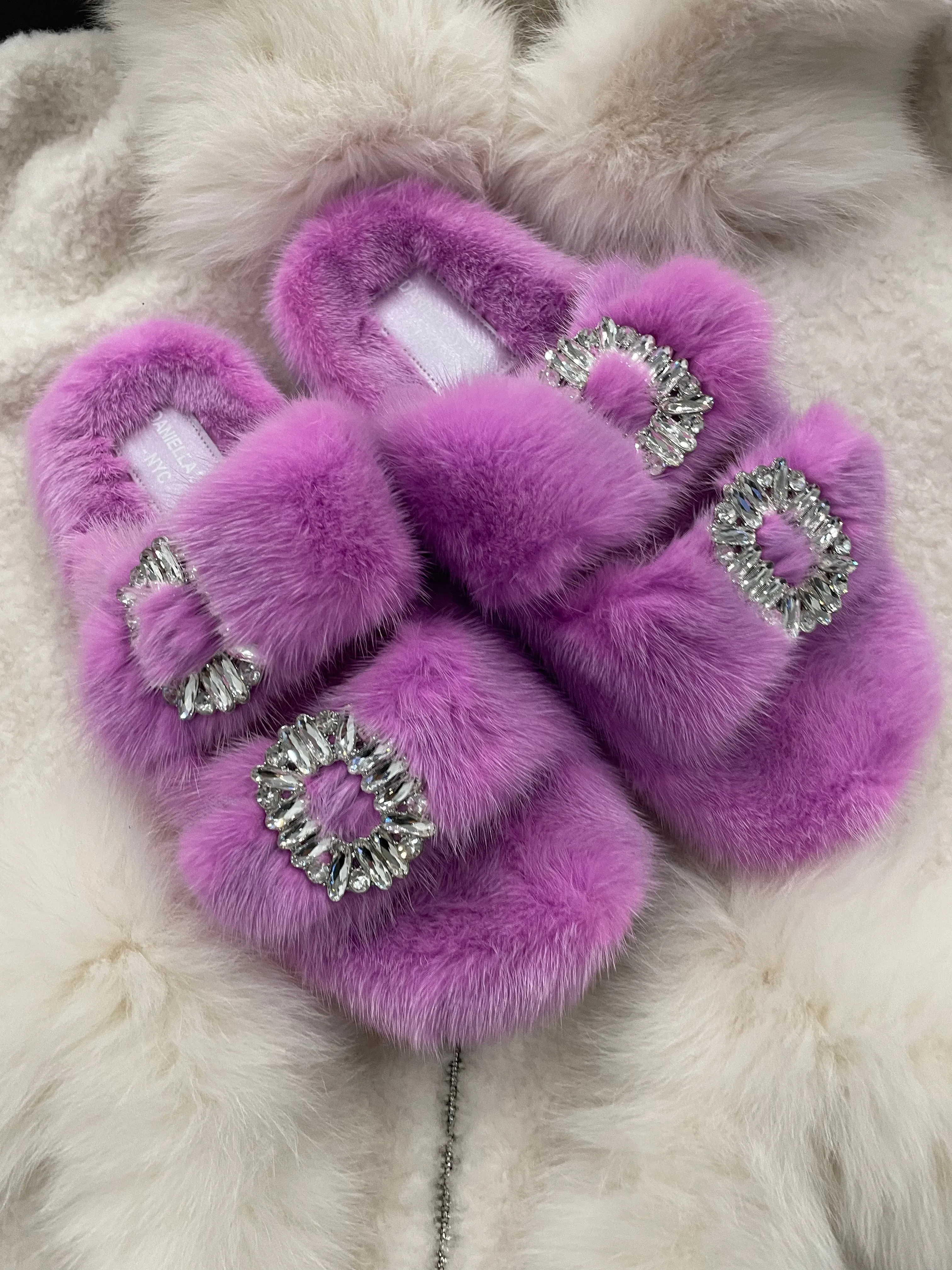 Genuine Mink Slides with Crystal Buckles