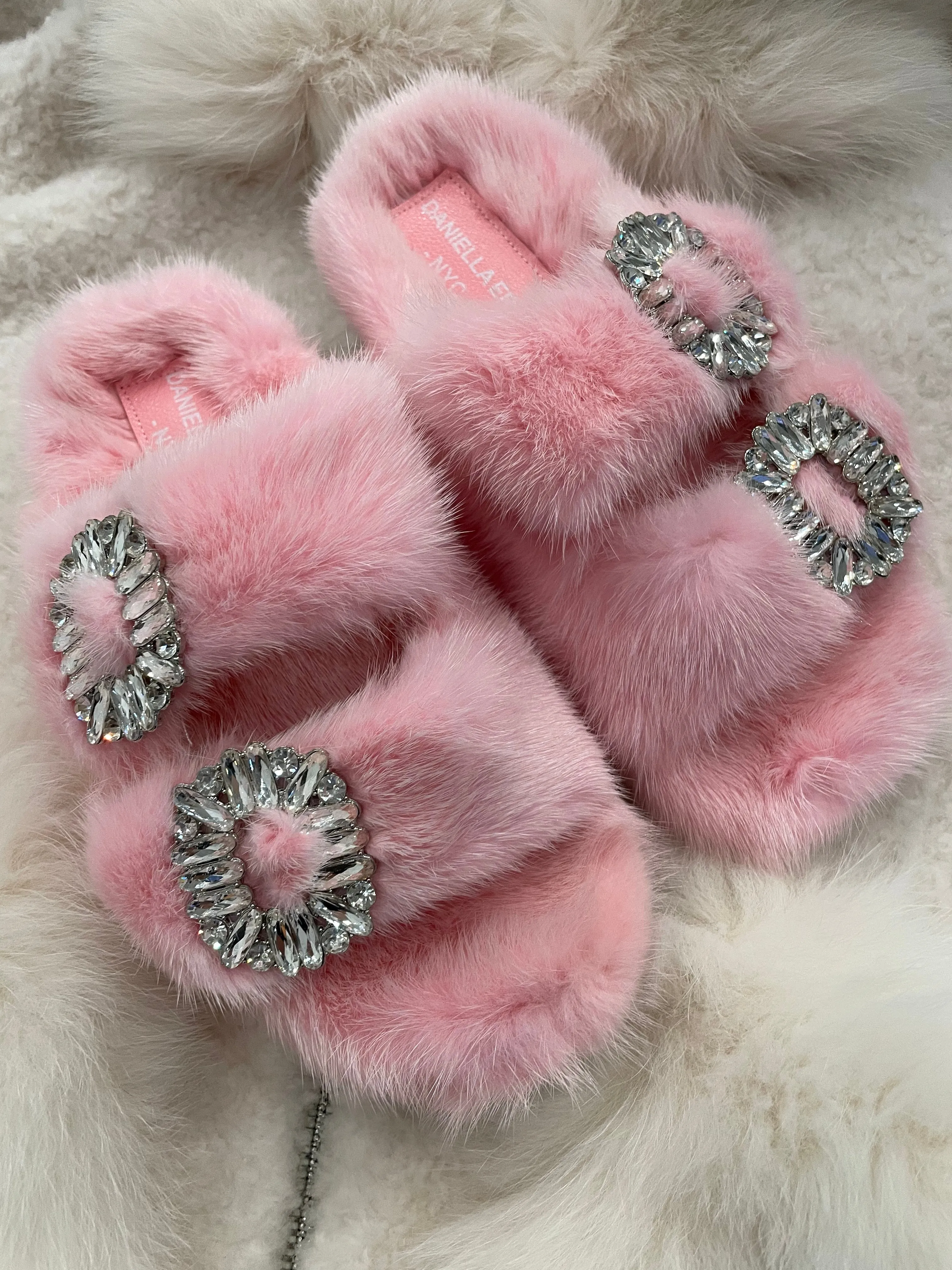 Genuine Mink Slides with Crystal Buckles