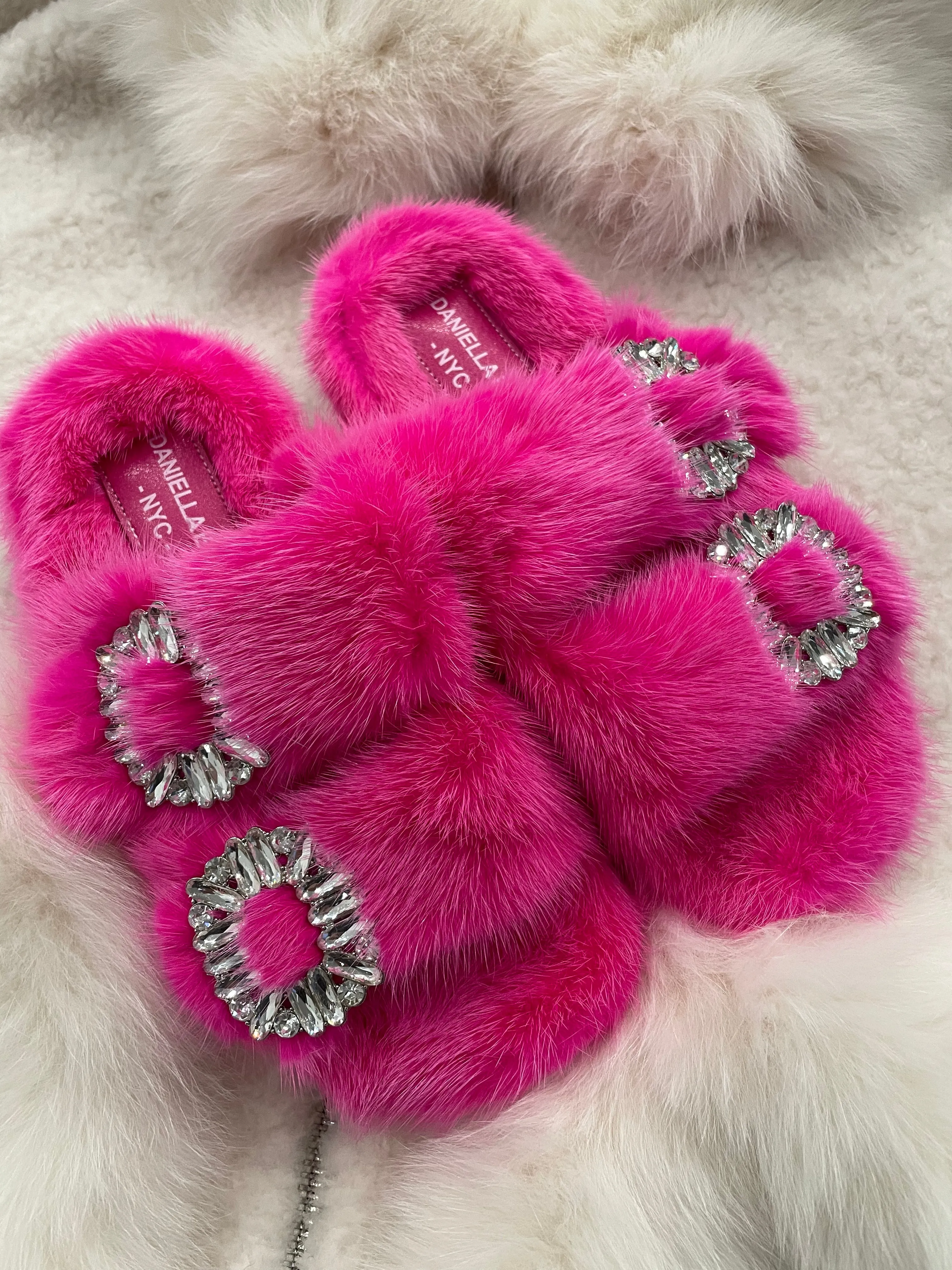 Genuine Mink Slides with Crystal Buckles