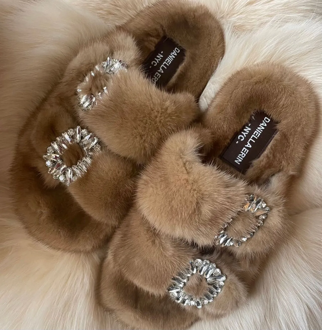 Genuine Mink Slides with Crystal Buckles