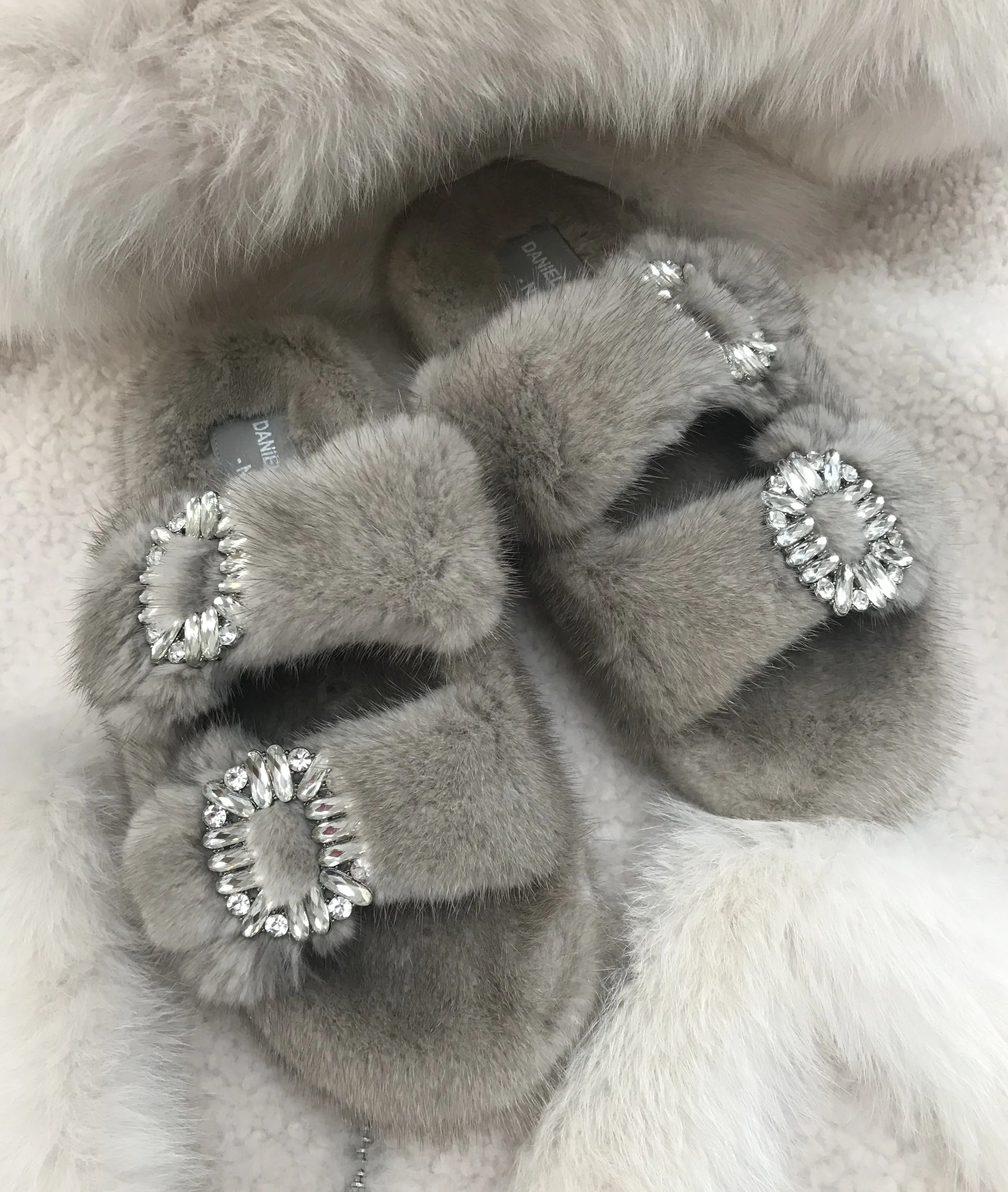 Genuine Mink Slides with Crystal Buckles