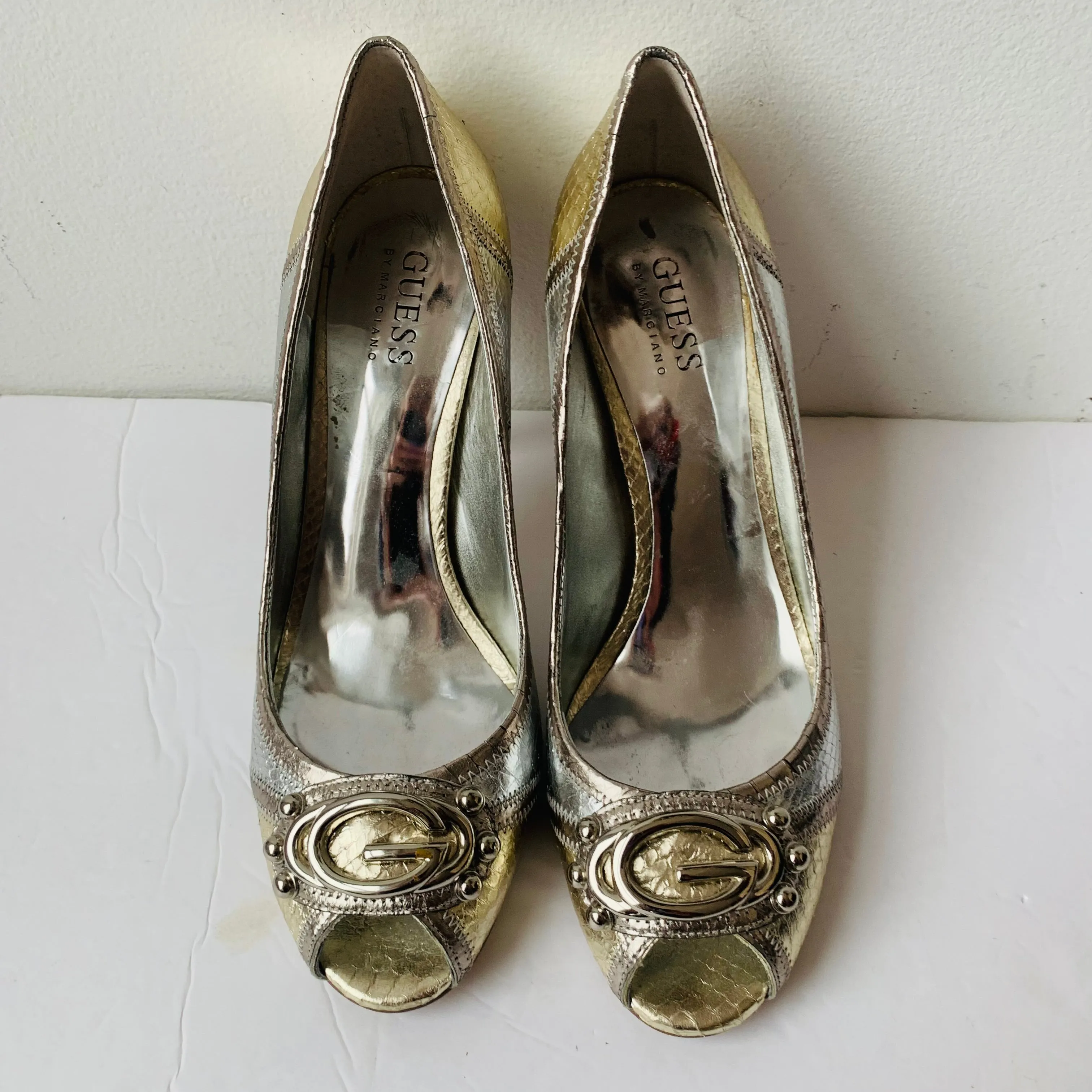 Guess by Marciano Silver/Gold Metallic Peep Toe Heels Size 8.5