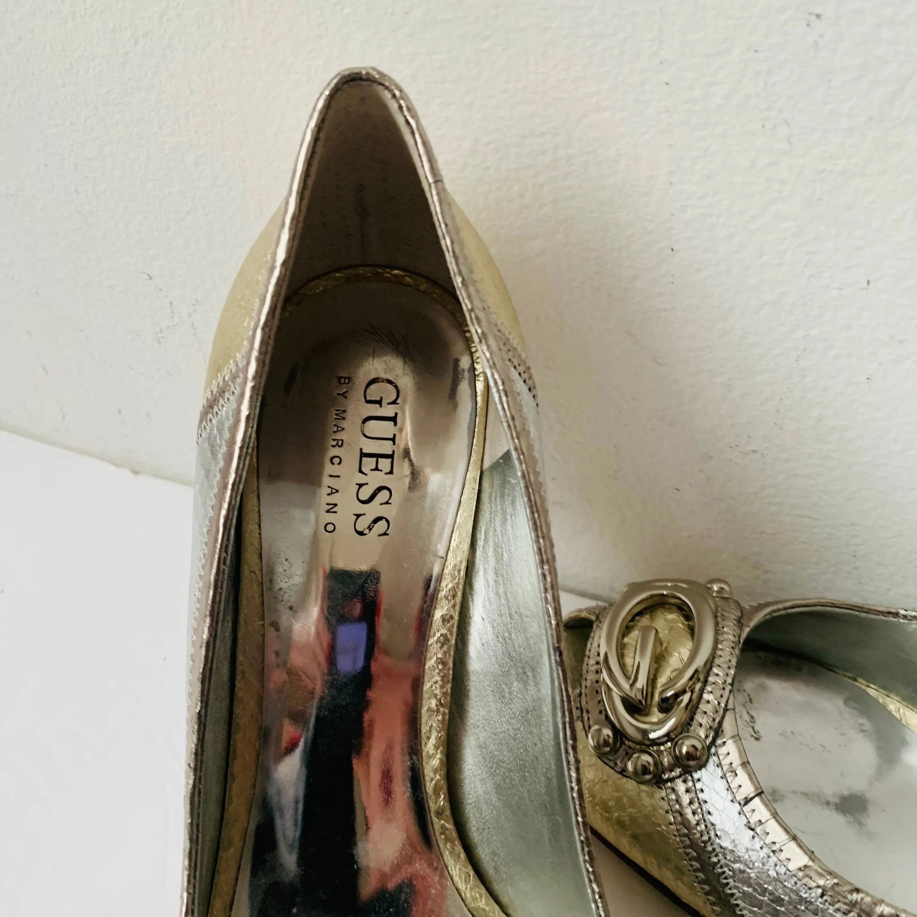 Guess by Marciano Silver/Gold Metallic Peep Toe Heels Size 8.5