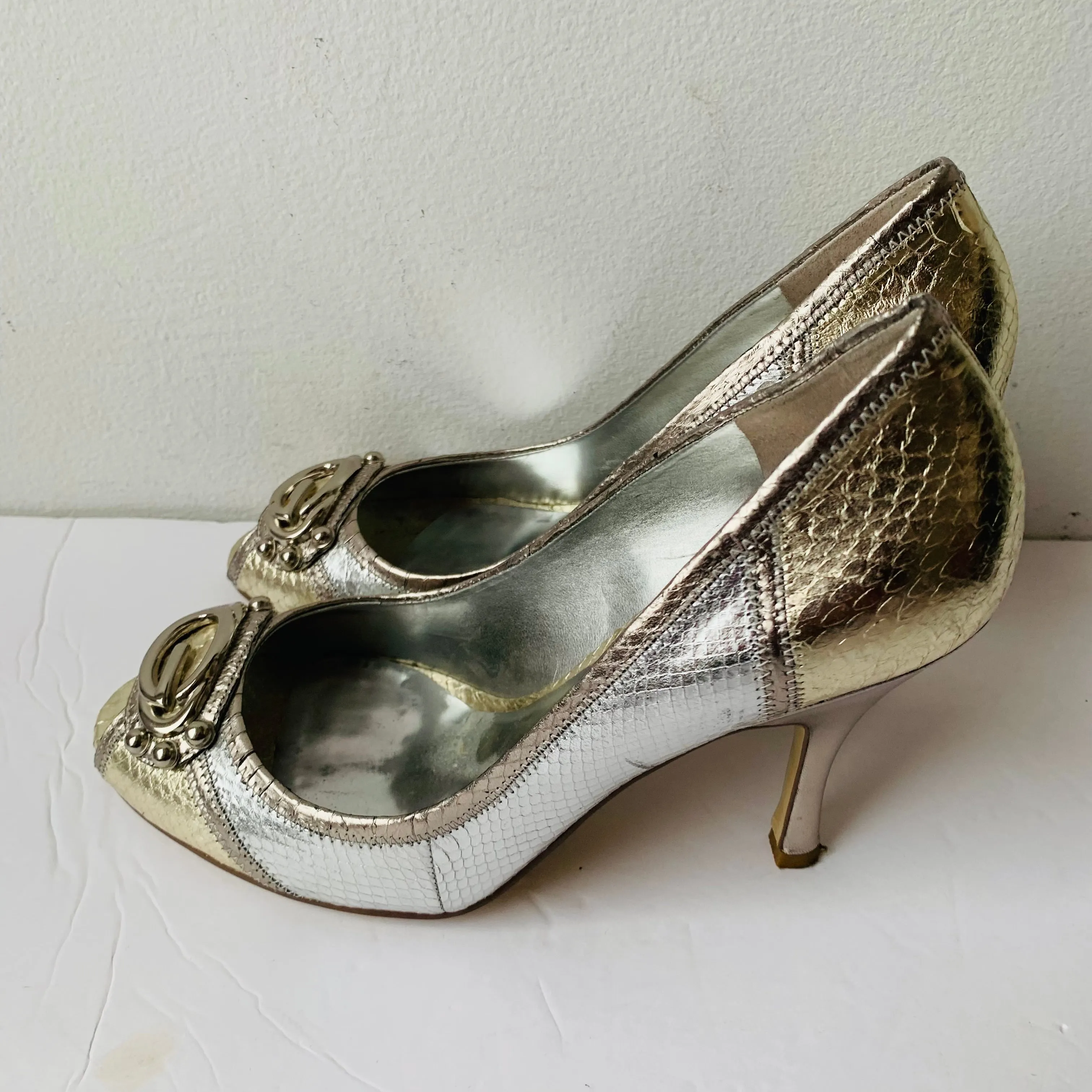 Guess by Marciano Silver/Gold Metallic Peep Toe Heels Size 8.5