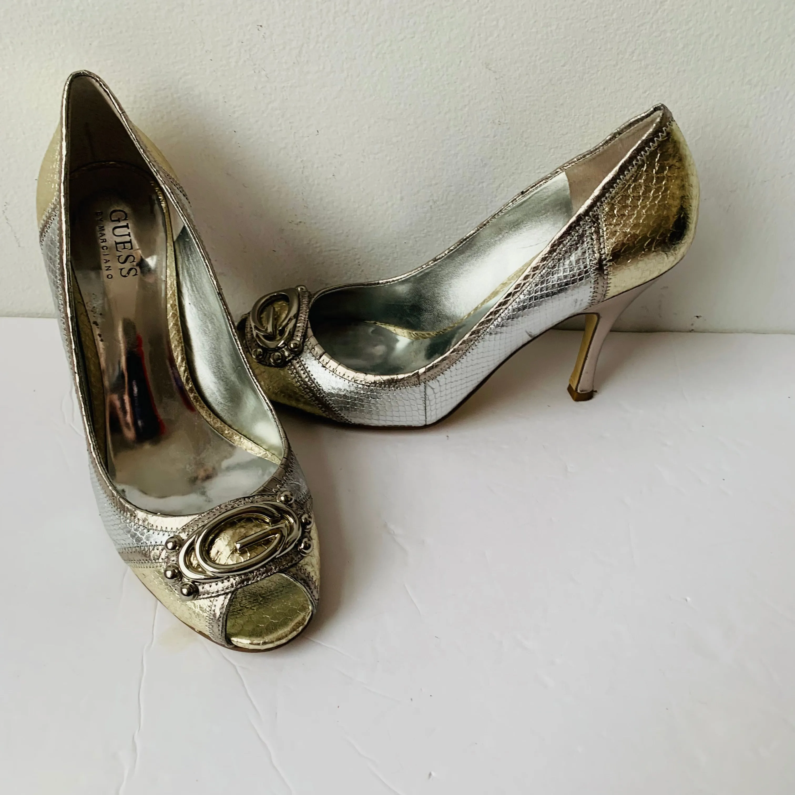 Guess by Marciano Silver/Gold Metallic Peep Toe Heels Size 8.5