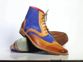 Handmade Men's Ankle high Blue Brown Leather & Suede Boots, Men Designer Boots