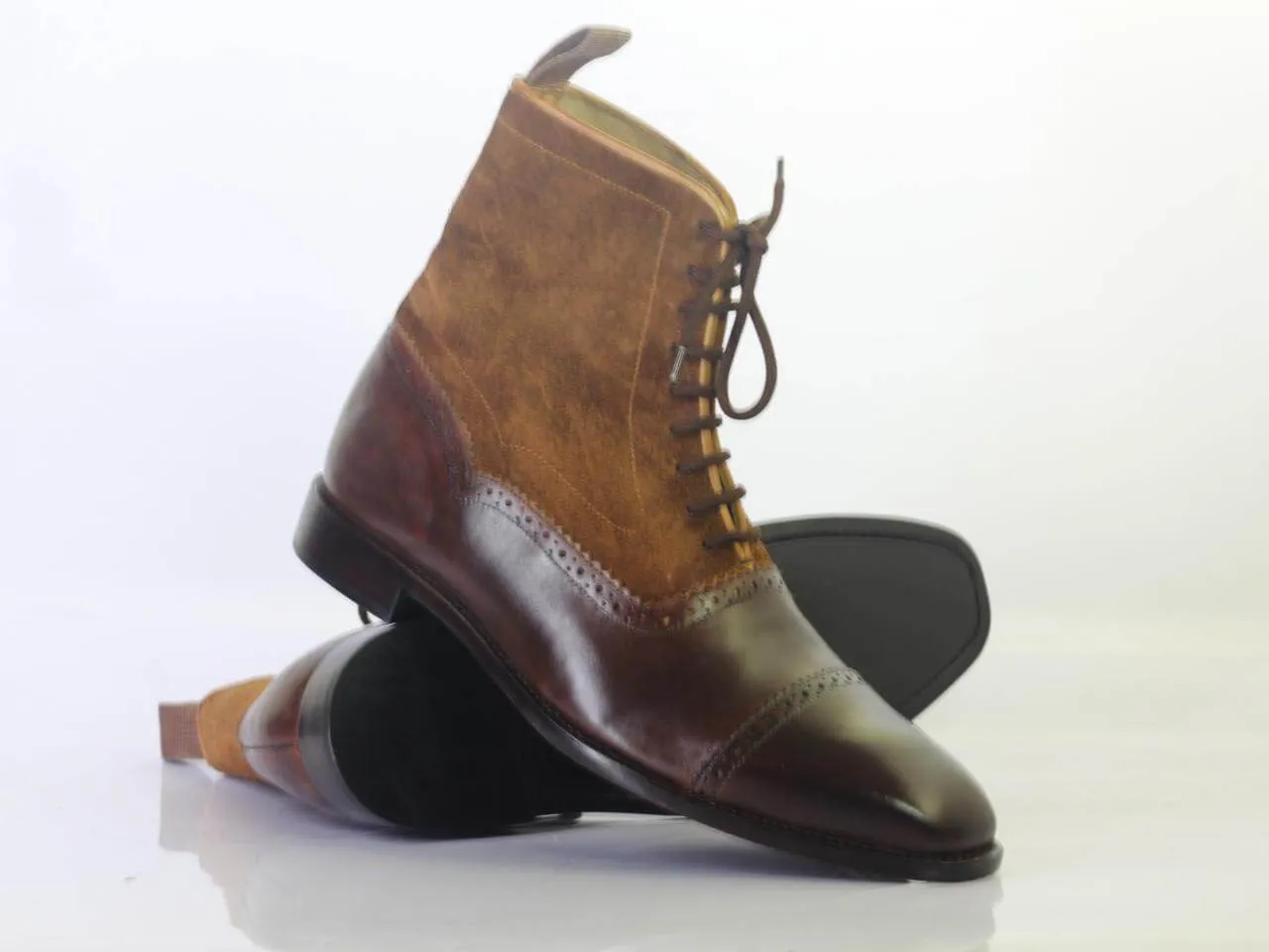 Handmade Men's Ankle High Brown Cap Toe Boots, Men Leather Suede Lace Up Boots