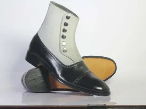 Handmade Men's Black White Leather Denim Cap Toe Button Boots, Men Ankle Boots, Men Designer Boots