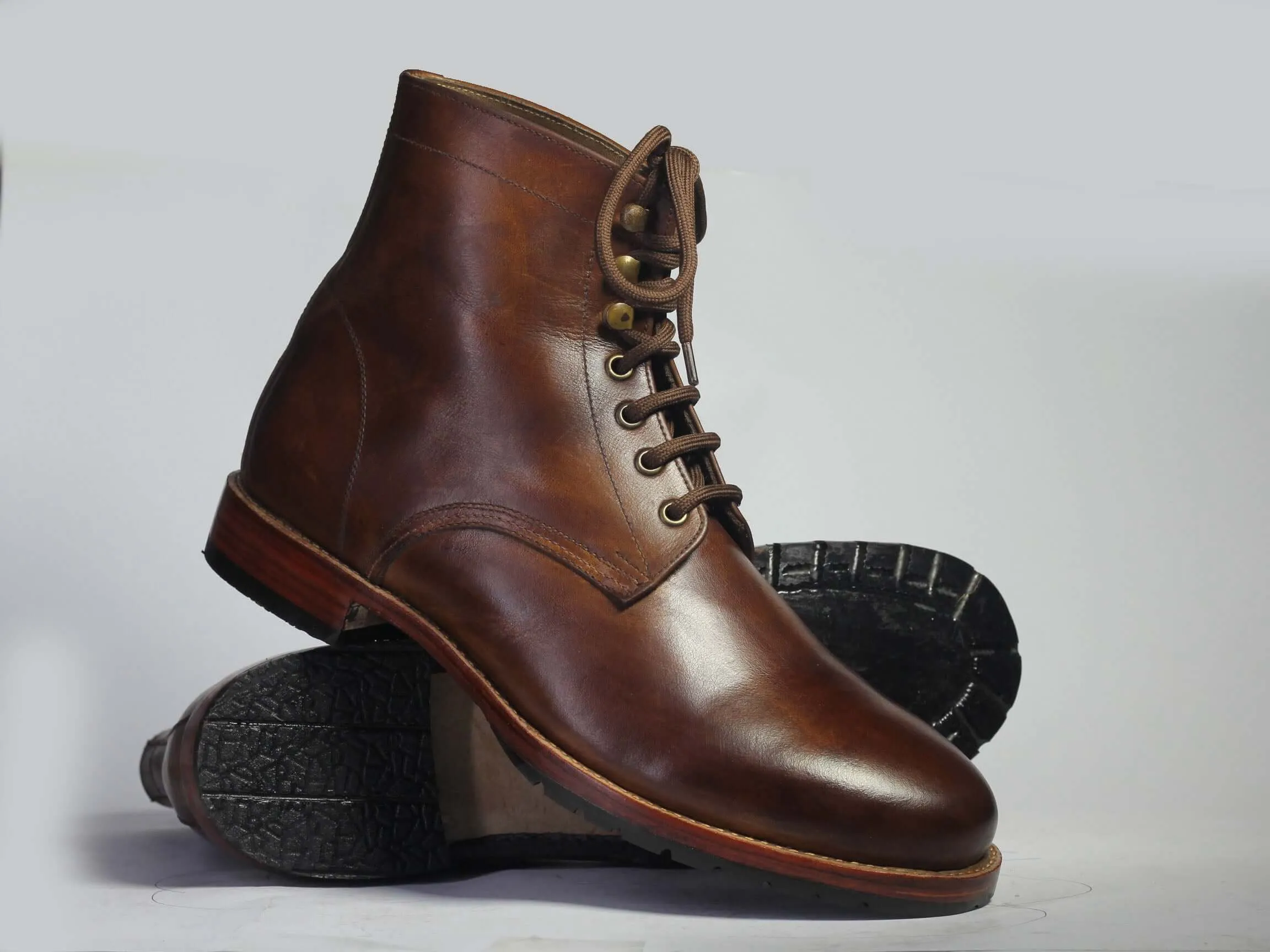 Handmade Men's Brown Ankle High Boots, Men Leather Lace Up Fashion Designer Boots