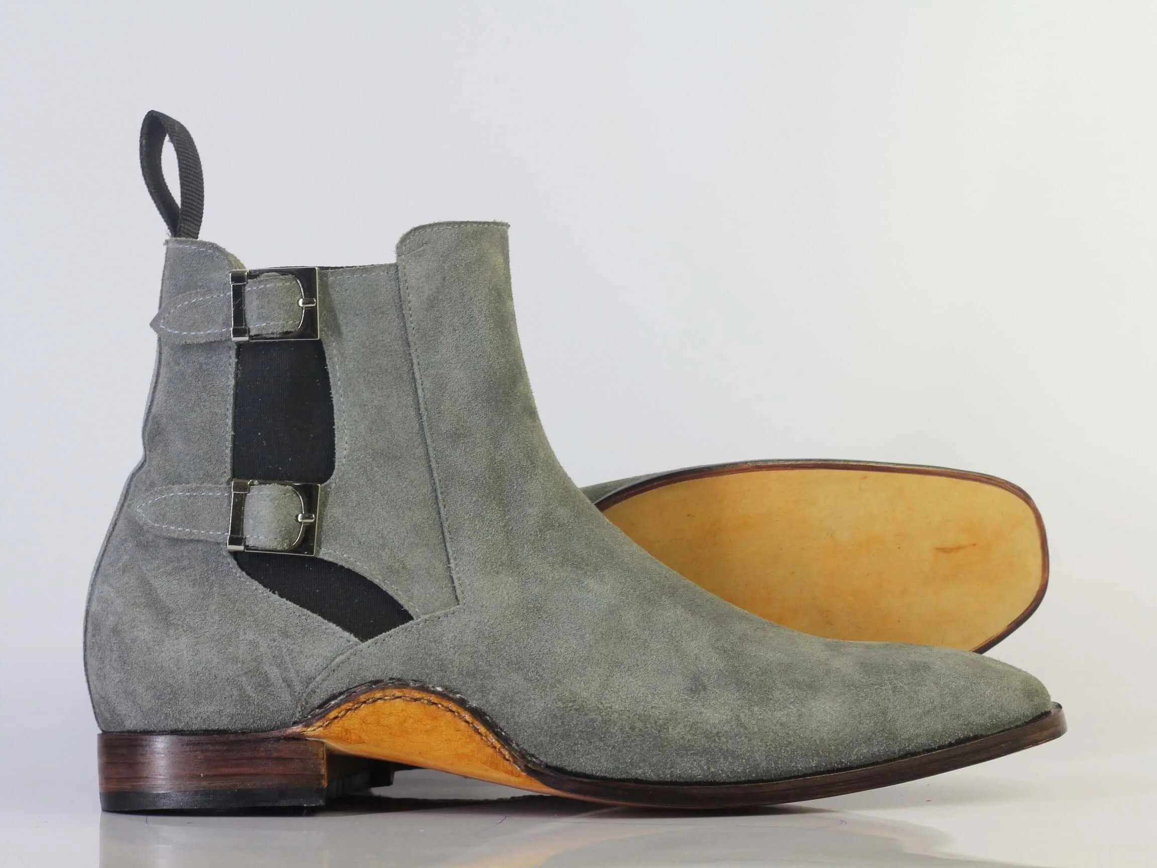 Handmade Men's Gray Suede Buckle Up Boots, Men Ankle High Designer Fashion Boots