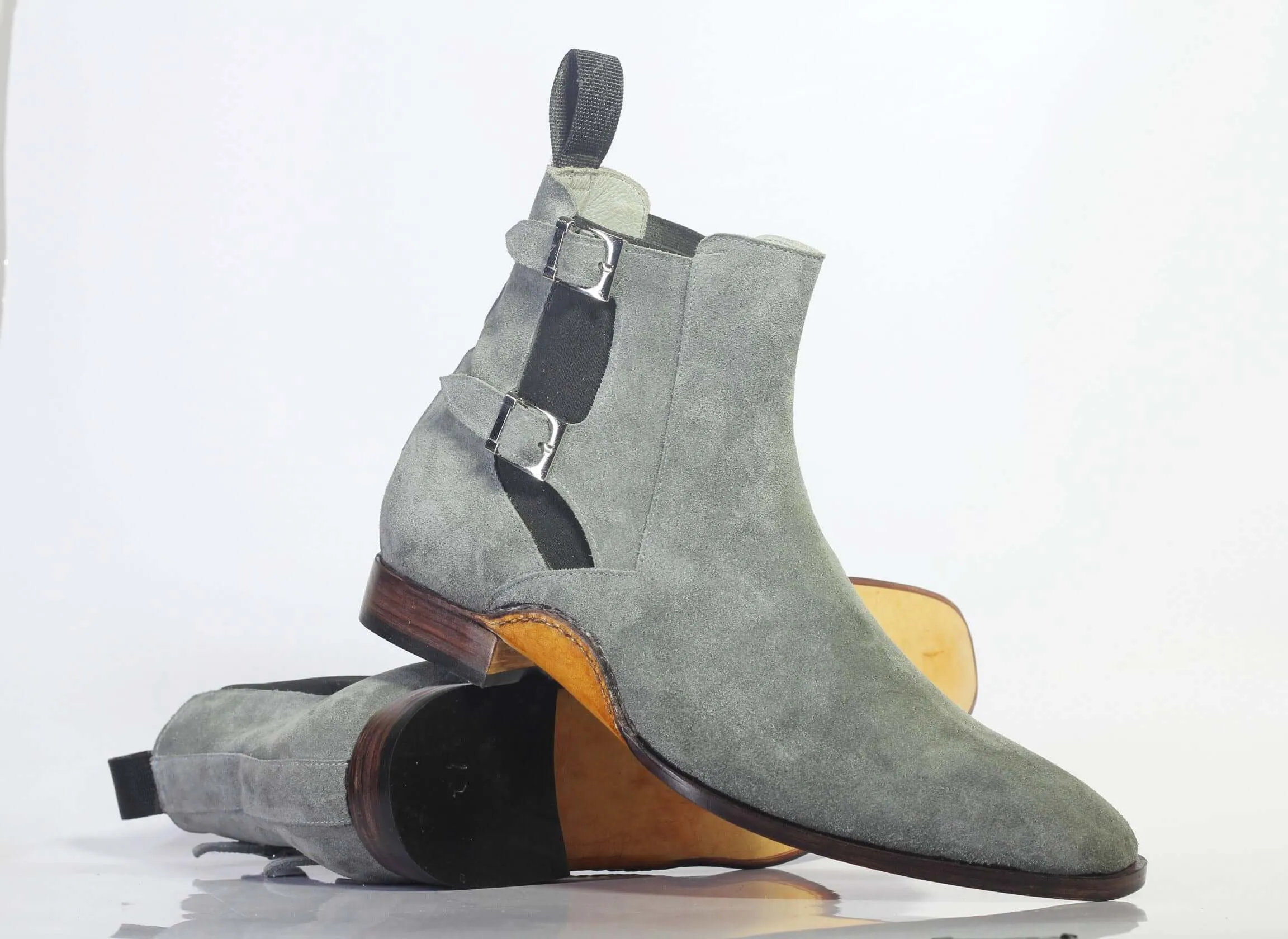 Handmade Men's Gray Suede Buckle Up Boots, Men Ankle High Designer Fashion Boots