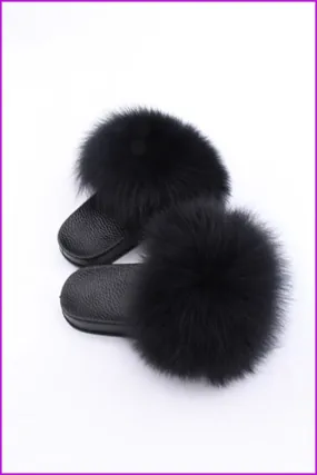 Kids Black Fox Fur Sliders F003