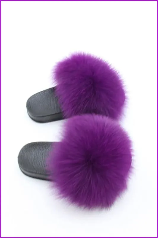 Kids Dark Purple Fox Fur Sliders F003