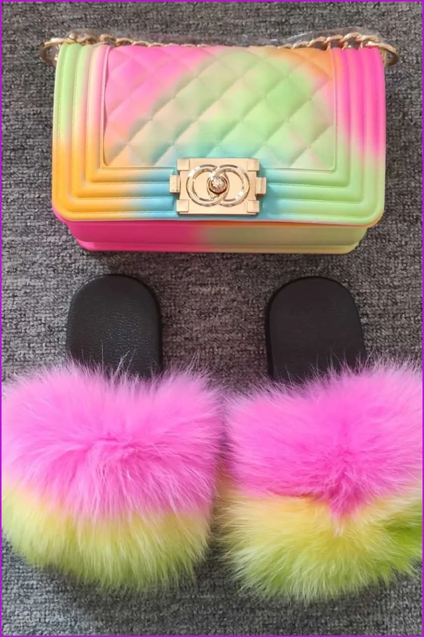 Kids Fluffy Slides & Purse Set F873