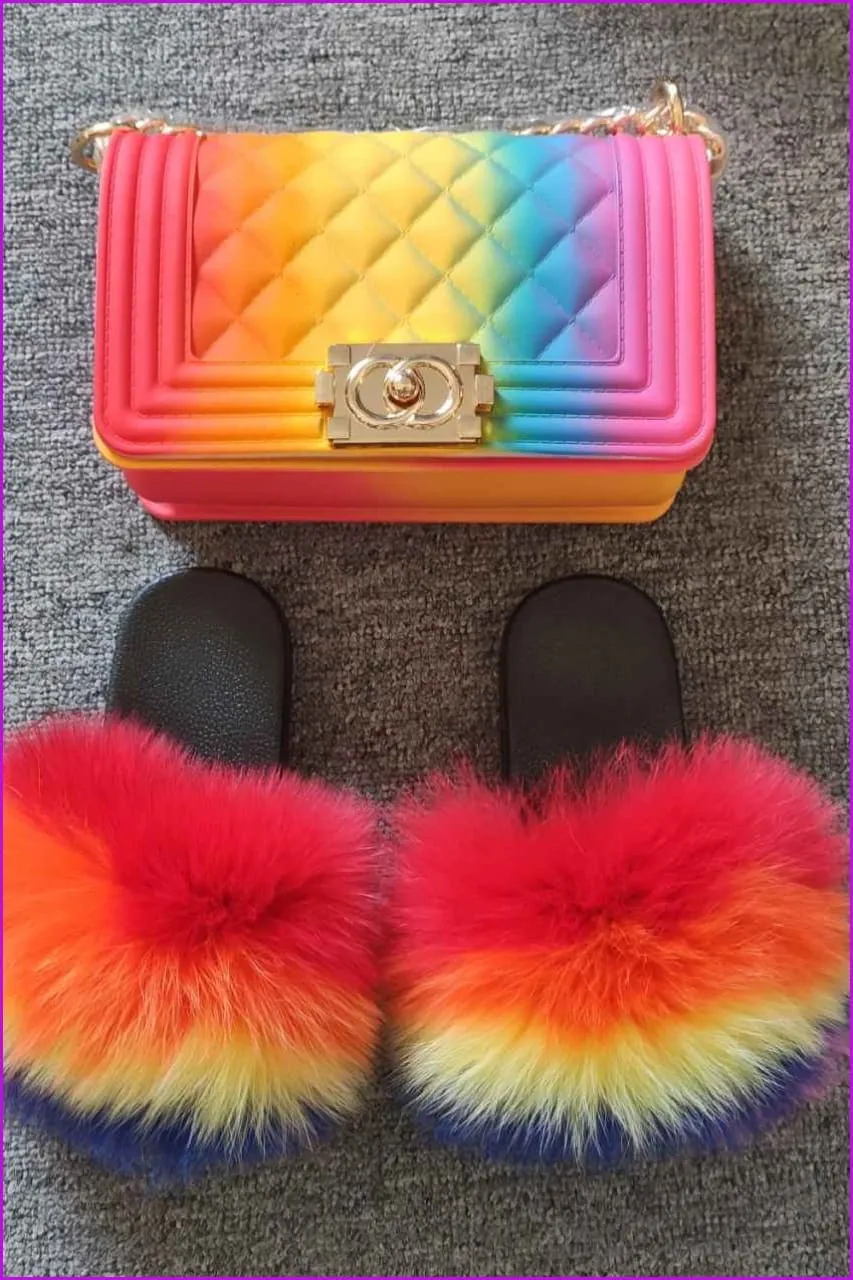 Kids Fluffy Slides & Purse Set F873